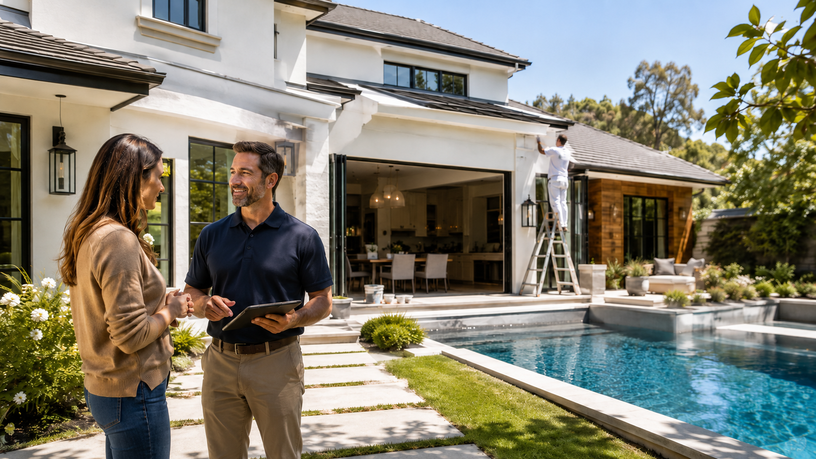 Contractor speaking with a homeowner beside a residential pool project