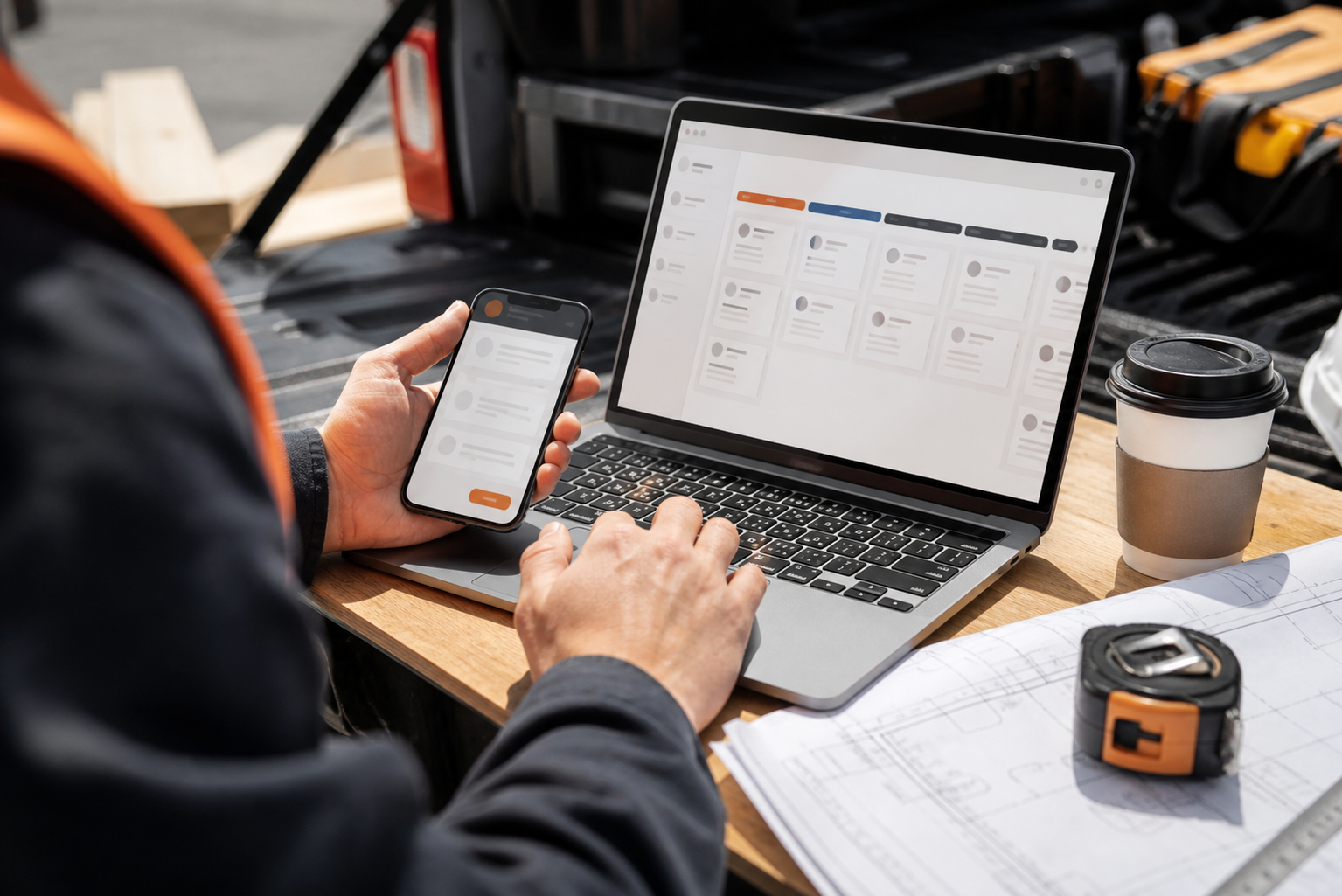 Contractor responding to leads using a phone and laptop at a jobsite
