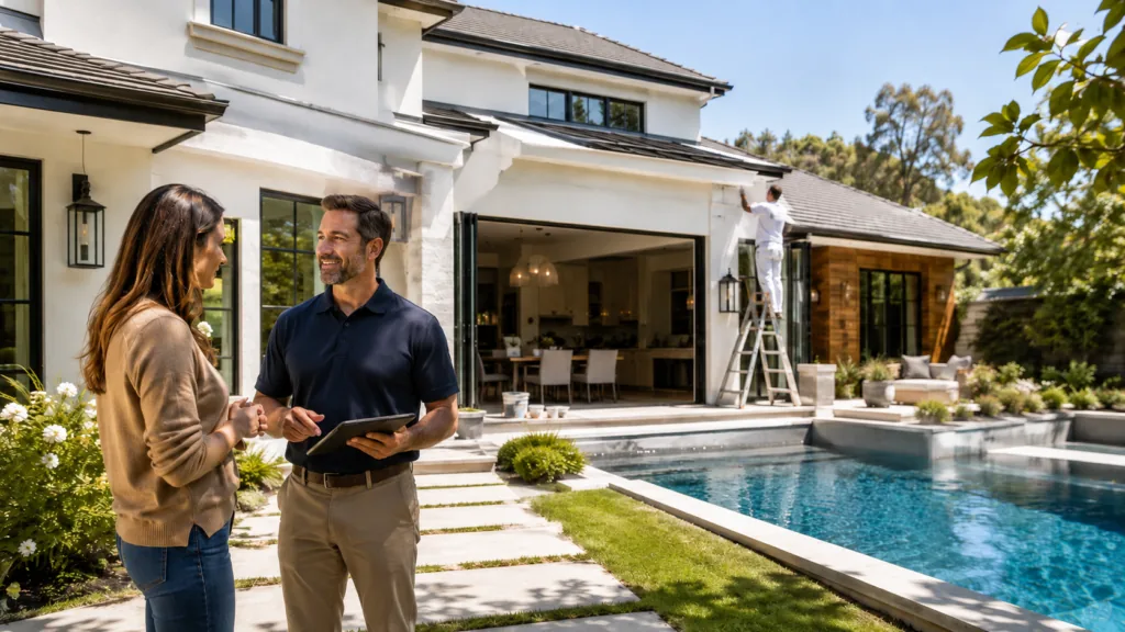 Contractor speaking with a homeowner beside a residential pool project