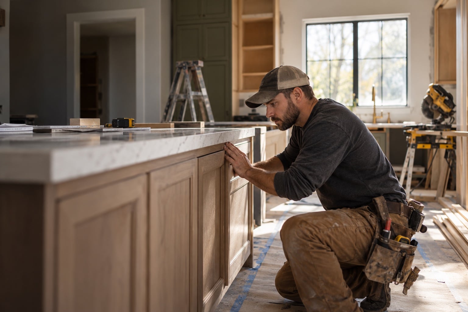 Residential contractor checking finish work during a kitchen renovation