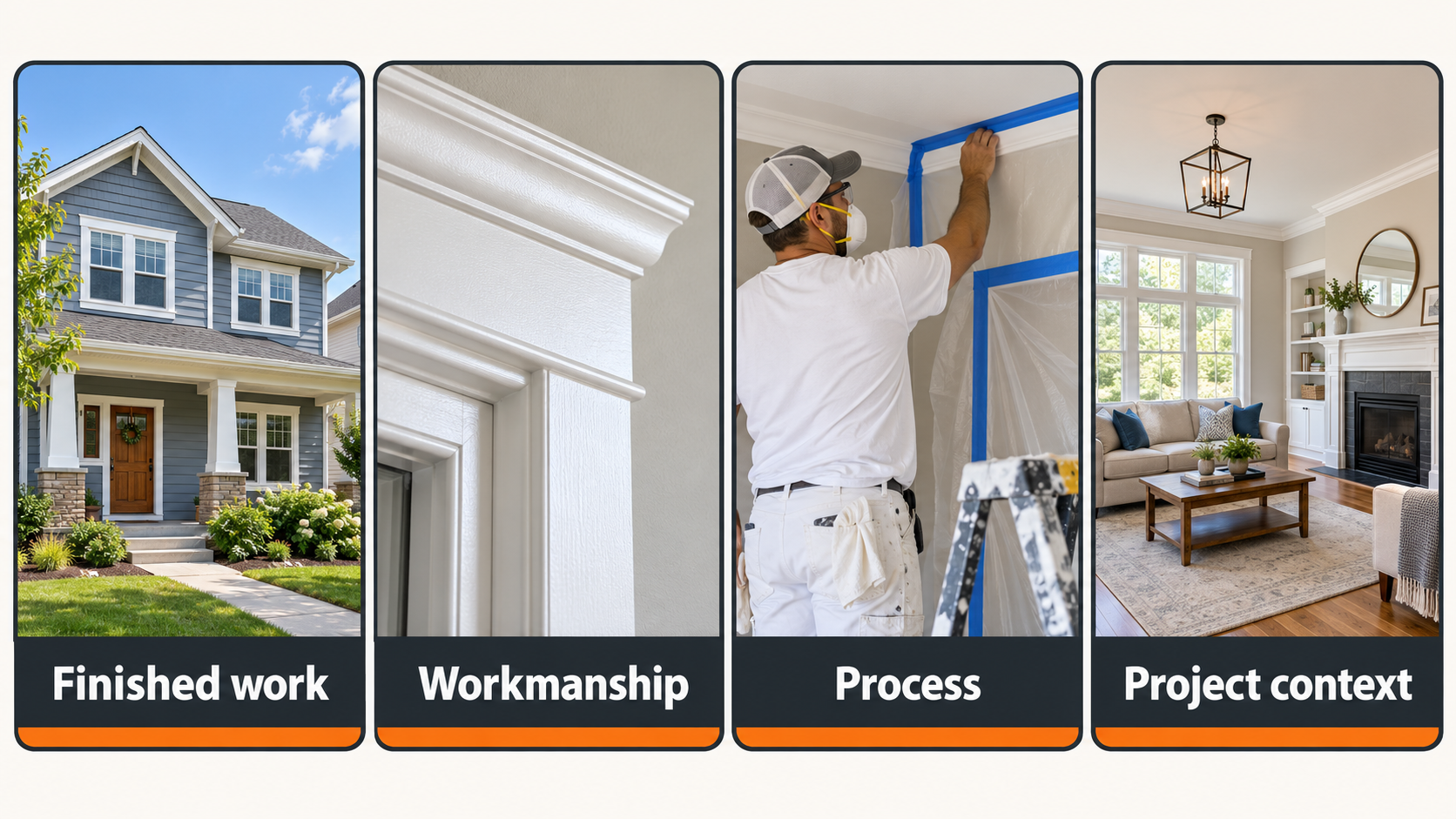 Illustrated four-part painting project photo plan: finished work, workmanship, process, and project context