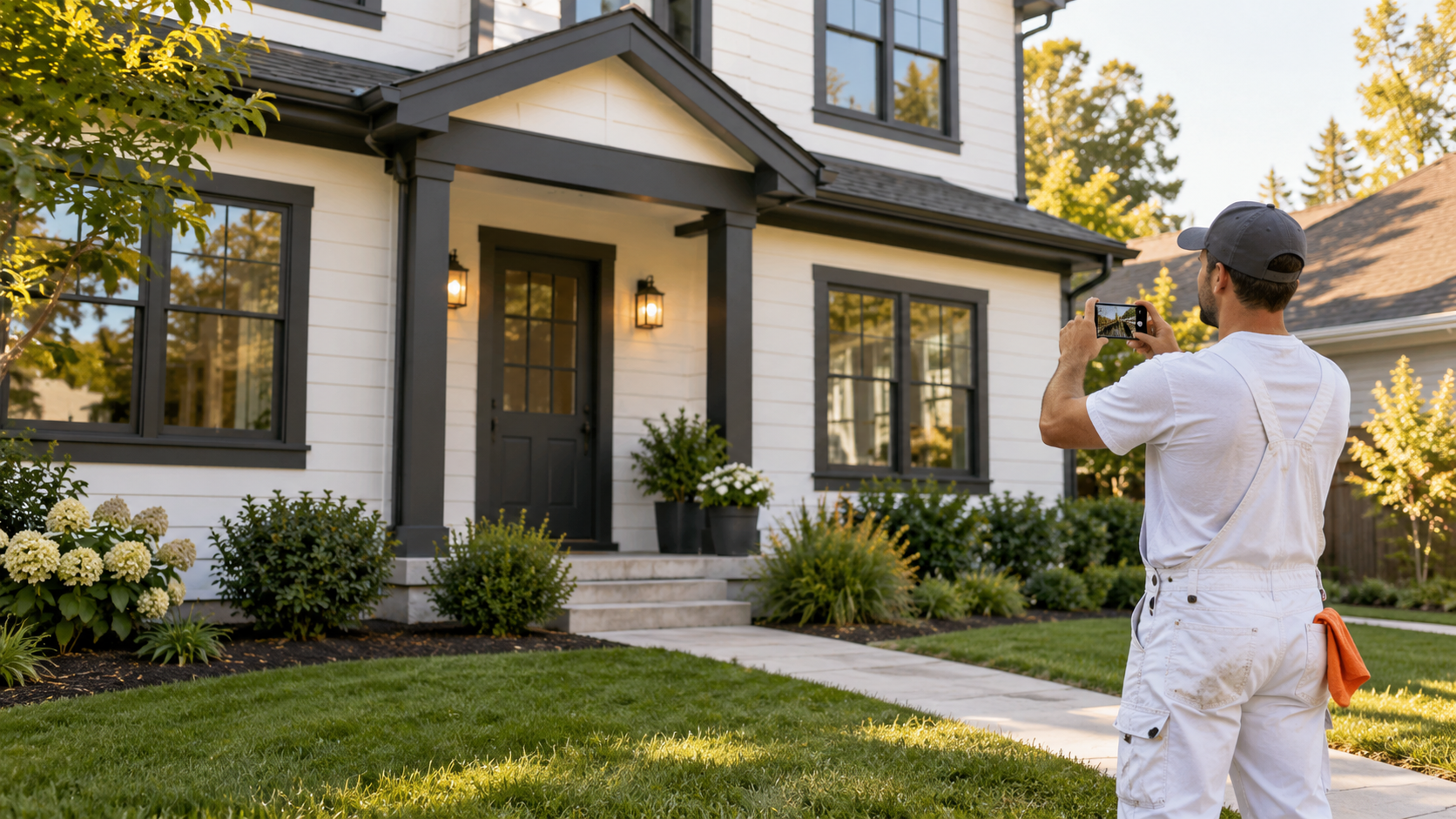 Illustrative painting contractor photographing a completed residential exterior paint job for a business profile