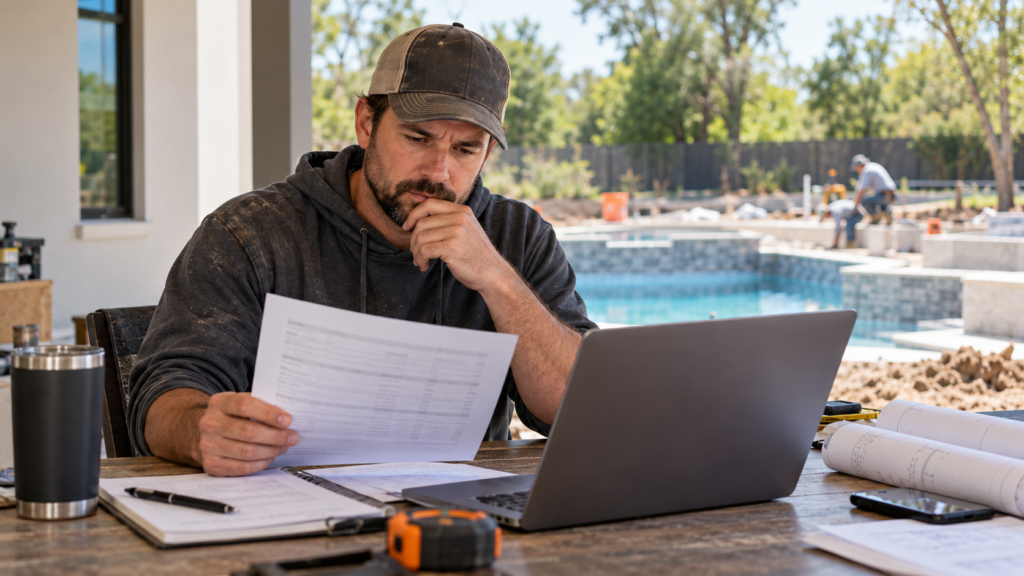 Illustrative pool contractor reviewing search-term notes beside a residential pool project