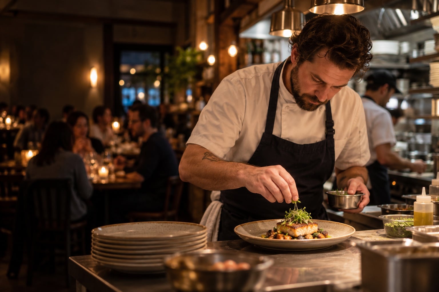 Chef plating a dinner dish during service in a neighborhood restaurant